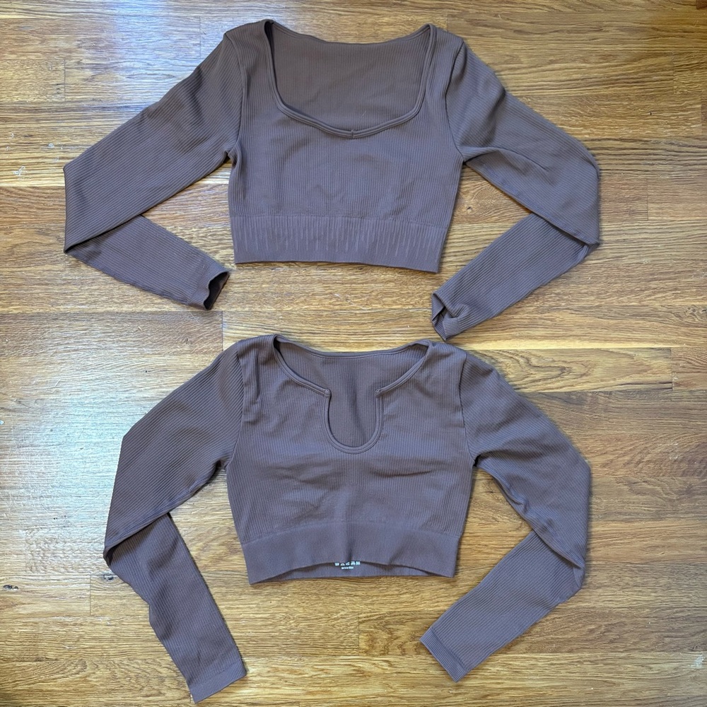 Used OQQ 2 piece Ribbed Long Sleeve Brown Workout Crop Tops Size Small